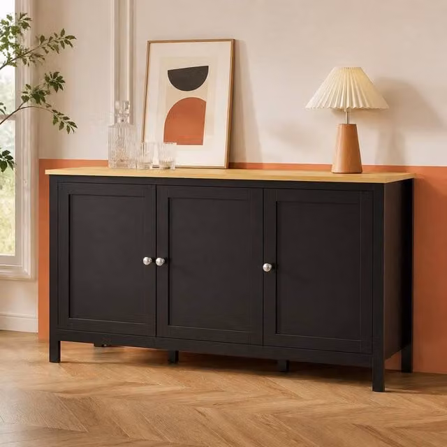 STILVORA Modern Black Lacquered Sideboard with 3 Doors and Adjustable Shelves – 1