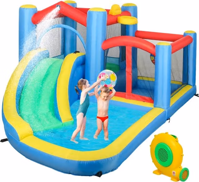 AIYAPLAY Inflatable Bouncy Castle Water Bounce House with Slide and Safety Net, Blue and Multicolour