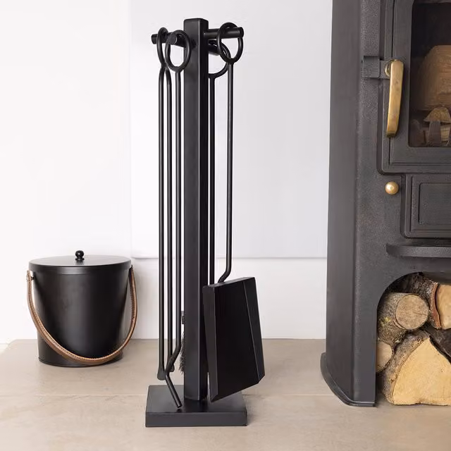 Charles Bentley Palm Fireside Companion Set with Square Base in Black Matte Finish