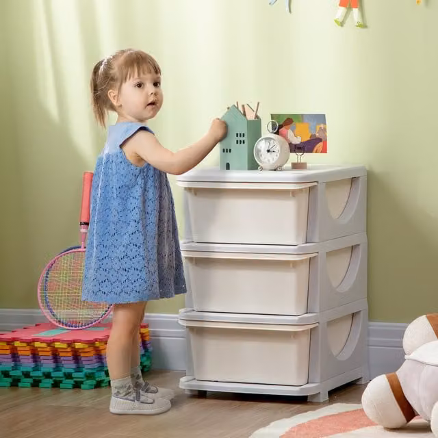 HOMCOM Kids 3 Tier Toy Storage Chest with 3 Drawers in White and Multicolour, W: 37 cm