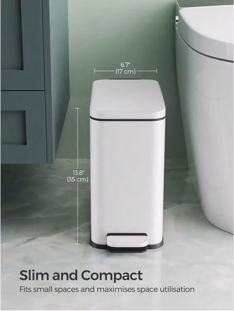 SONGMICS Slim Pedal Bathroom Bin with Soft Close, White