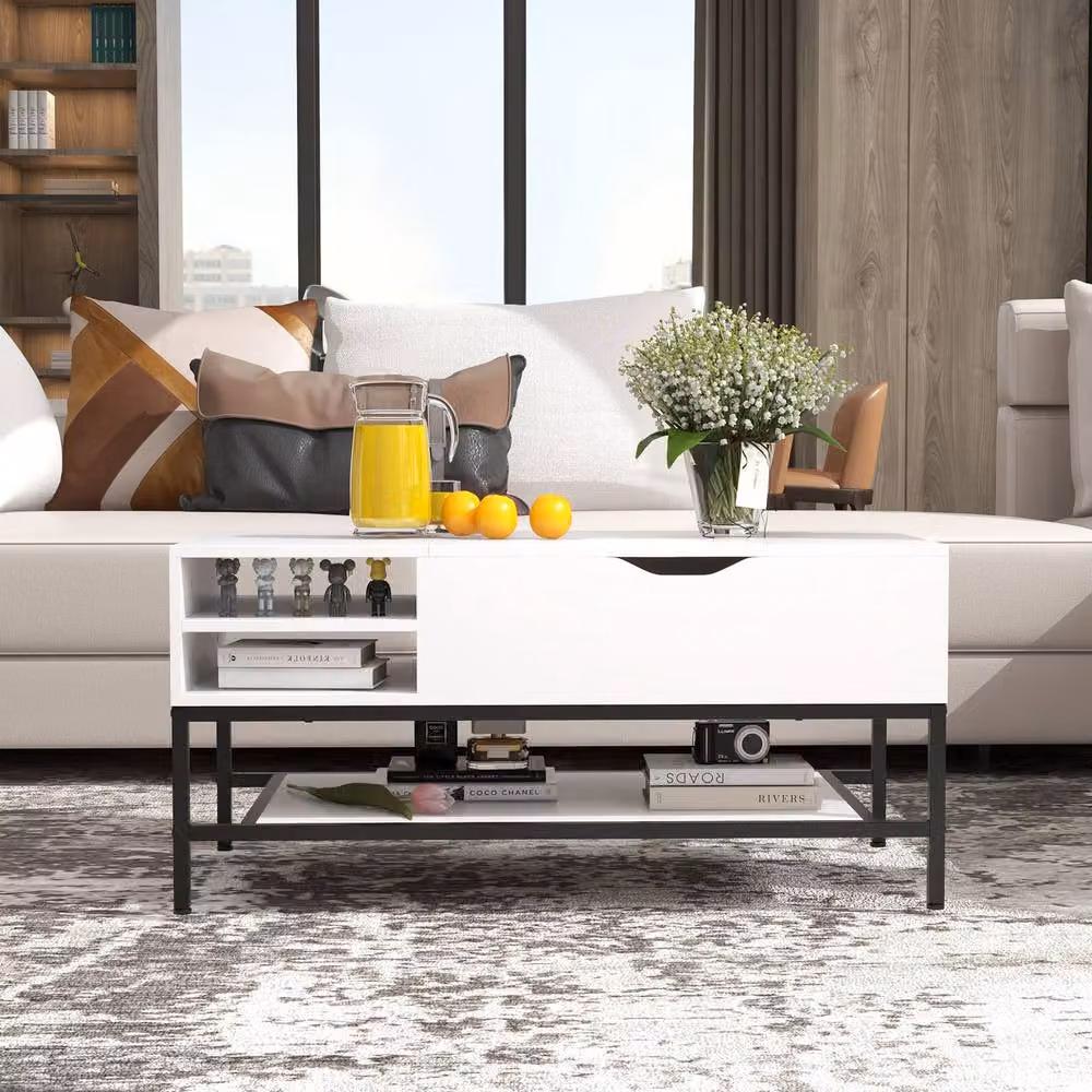 Costway Modern White Lift Top Coffee Table with Storage Shelf and Metal Legs – 3