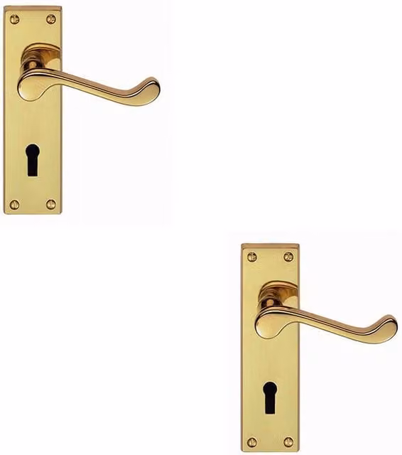 Loops 2x Pair Victorian Scroll Handle on Lock Backplate in Polished Brass, W: 150 mm, H: 43 mm