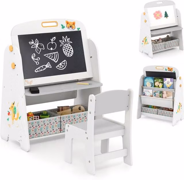 COSTWAY 4-in-1 Kids Art Easel with Reversible Board in Grey