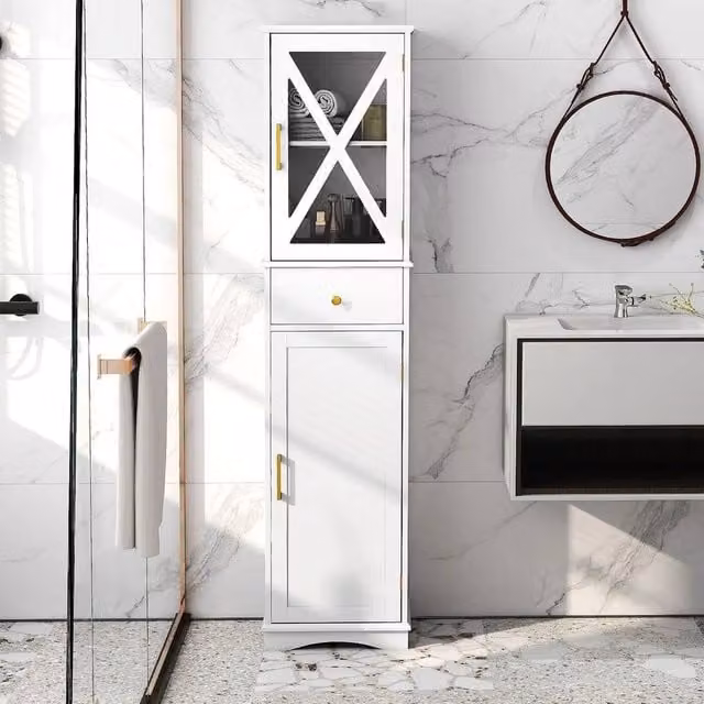 KORVIXA Modern Freestanding Tall Bathroom Linen Tower Storage Cabinet in White with Glass Doors and Internal Shelves