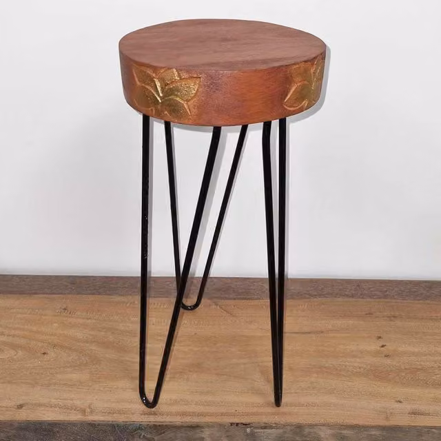 KDMK Industrial Round Wood Plant Stand in Brown and Black with Matt Finish