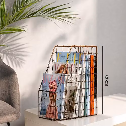 Premier Housewares Metallic Magazine Holder in Black or Gold, Modern Wall-Mounted or Freestanding Metal Storage Rack, W: 23.0 cm, D: 30.0 cm, H: 23.0 cm – 2