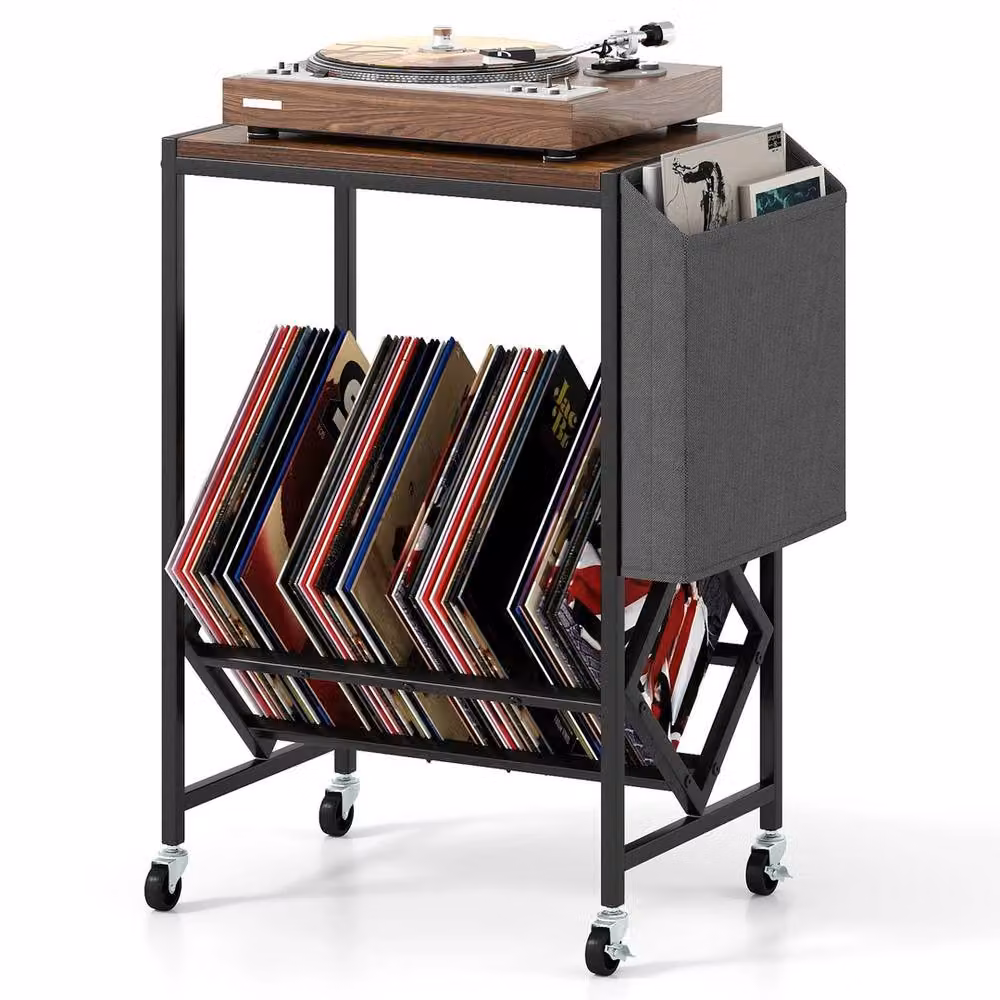 VOGREX Brown Metal Rolling Turntable Stand with Vinyl Storage – 3