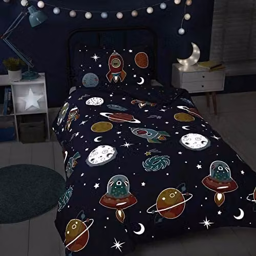 Rapport Home Space and Aliens Glow in the Dark 3 Piece Double Duvet Cover Set, Navy Blue, W/D/H: 200 x 200 cm with Pillowcases 50 x 75 cm – 2