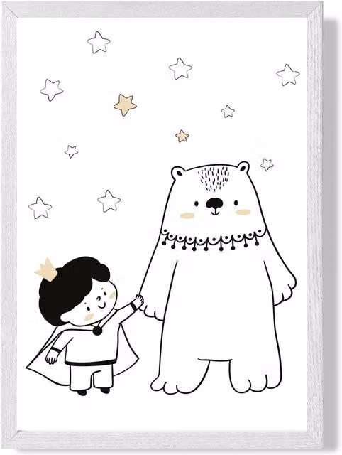 ARTZE Scandi Prince Little Boy with Bear Framed Paper Poster, Black and White