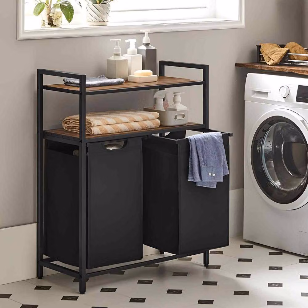 The Bazaarist Double Laundry Hamper with Pull Out Removable Bags and Shelves, Brown and Black – 4