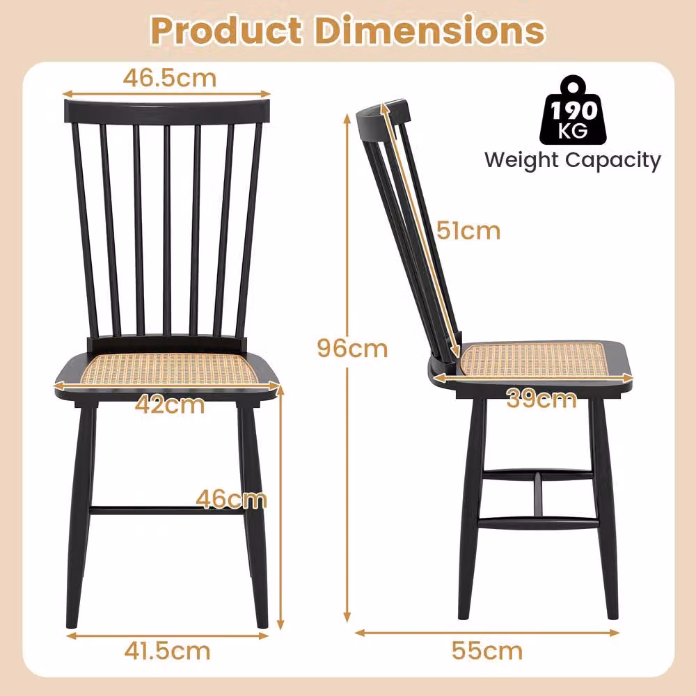 Costway Set of 2 Windsor Dining Chairs in Black with Spindle Back and PE Rattan Seat – 2