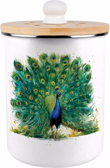 Purely Home Majestic Peacock Metal Food Waste Caddy, 2L, Green and White
