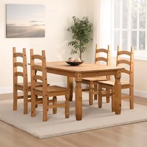Seconique Corona Rustic Waxed Pine Dining Set with 152cm Rectangular Table and 4 Chairs in Brown – 1
