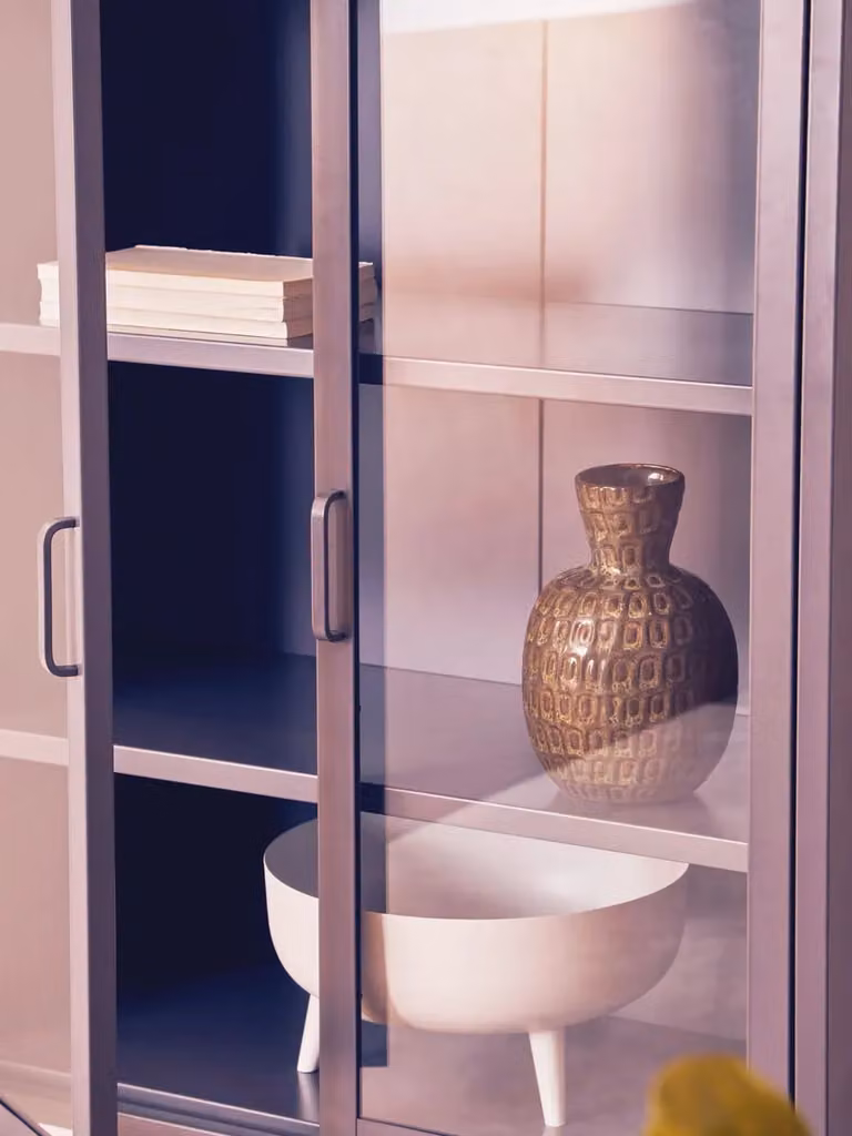 Orsina Industrial Two Door Metal Cabinet with Glass Doors in White and Grey, W/D/H: 150 x 35 x 75 cm