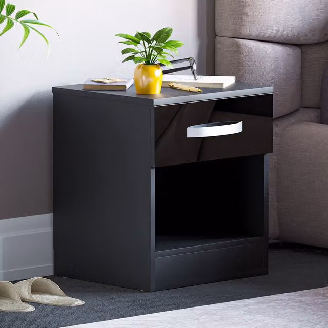 Hulio High Gloss 1 Drawer Bedside Table Nightstand in Black