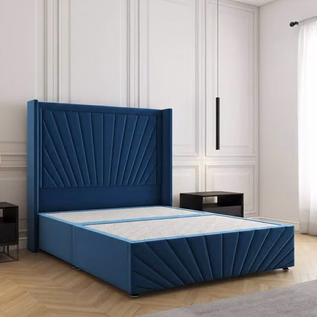 Regional Furnishings Blue Velvet Upholstered Small Double Divan Bed with Headboard and Footboard, W/D/H: 120 x 200 cm