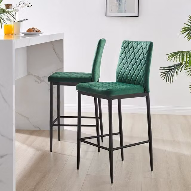 FurnitureboxUK Set of 2 Milan Soft Touch Hatched Velvet Padded Counter Stools with Black Metal Legs in Green – 1