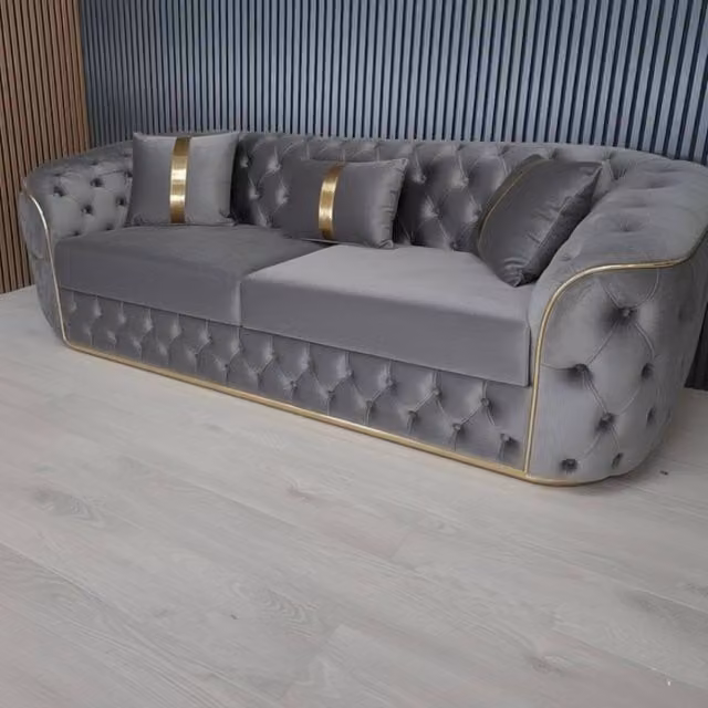 Stratus Interiors Ambassador Chesterfield Sofa in Silver Velvet with Gold Trim