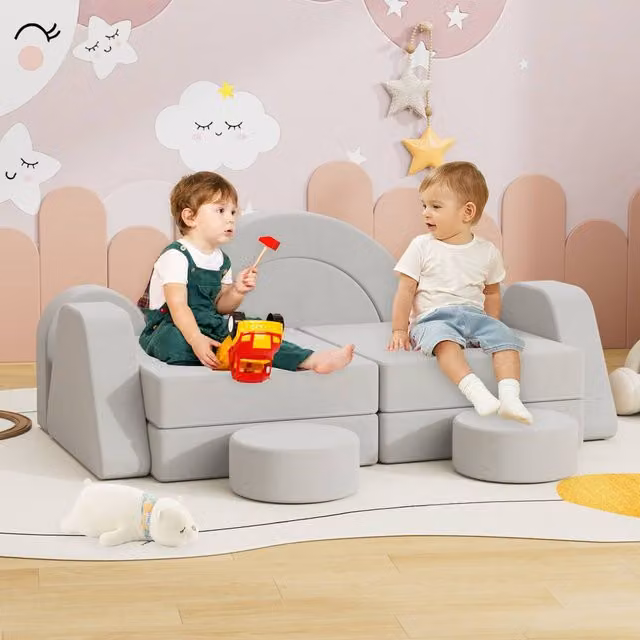 KEEPREAPER Soft Modular Double Kids Play Couch in Light Grey with Scatter Cushions and Removable Reversible Covers