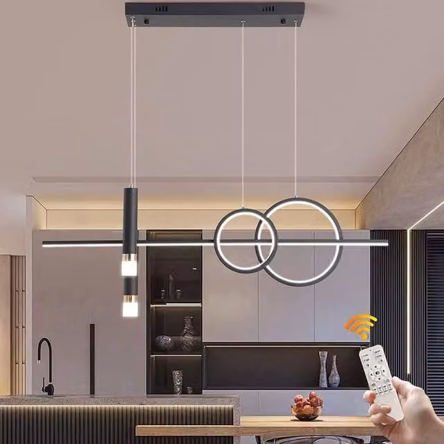 Garwarm Modern Black Geometric LED Ring Pendant Light with Remote Control and Dimmable Height Adjustment – 1