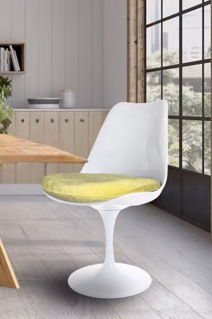 Fusion Living White Tulip Swivel Dining Chair with Yellow Velvet Cushion