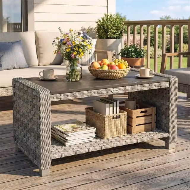 EONLION Grey Rattan Outdoor Side Table with Storage Shelf, W/D/H: 100 x 100 x 45 cm