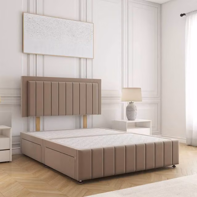 BSSPOKE Sophia Plush Velvet Divan Bed Set with 24 inch Headboard and 4 Drawers, Beige, W/D/H: 120 x 200 x 30.48 cm