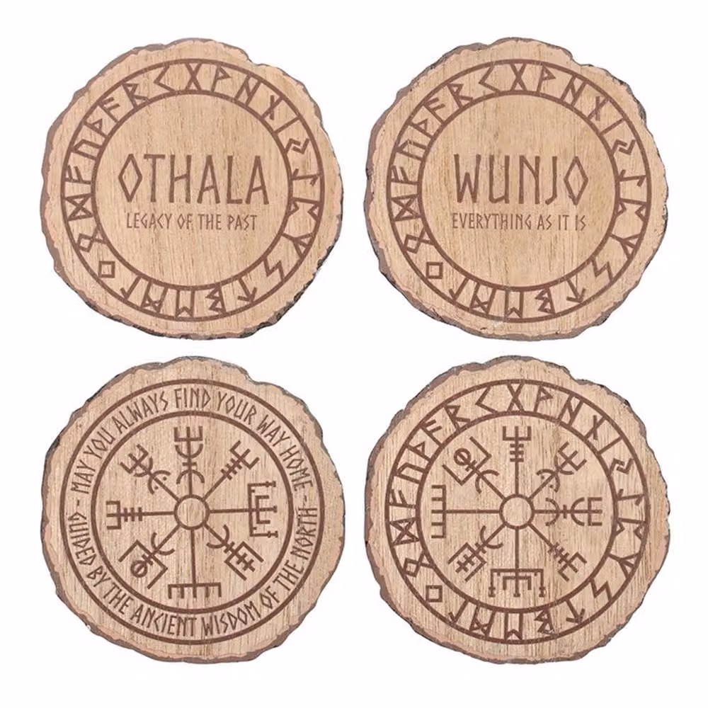 Uniqueful Set of 4 Round Brown Wood Slice Coasters with Norse Mythology Designs – 2