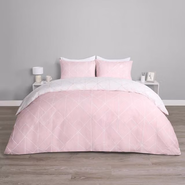 OHS Geo Reversible Graphic Print Polycotton Duvet Set in Pink, 140 x 200 cm