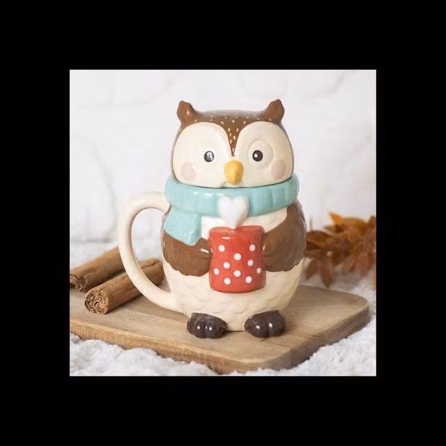 KDMD Oliver Owl Lidded Ceramic Hot Drink Mug, Multicolour, 380ml – 1