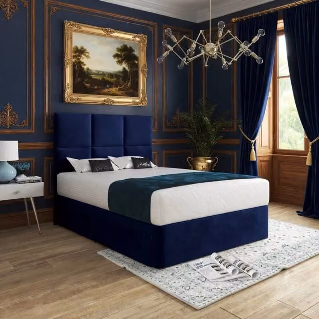 KDMD Ixworth Blue Velvet Upholstered Designer Bed Frame with Headboard and Drawers, W/D/H: 140 x 200 cm