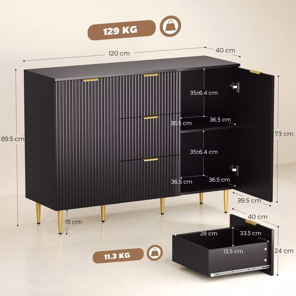 Wyld Haus Surara Baro Black and Gold Ribbed Sideboard with 2 Doors and 3 Drawers – 3