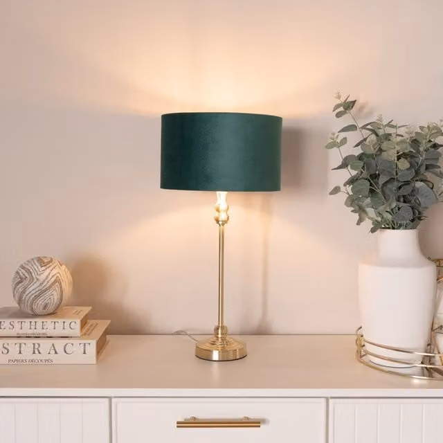 ValueLights Maggie Gold Candlestick Table Lamp with Green Velvet Drum and Gold Inner Shade – 1