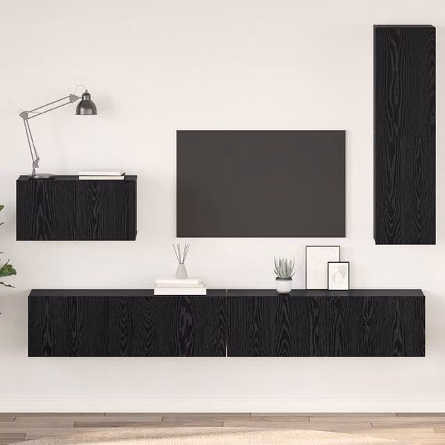Berkfield Home Wall-Mounted TV Cabinet with Open Shelves and Hinged Doors in Black Oak