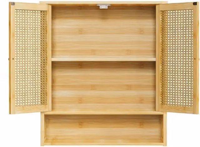 KORVIXA Brown Vintage Wall Mounted Bathroom and Kitchen Cabinet with Rattan Hinged Doors and Internal Shelves W/D/H: 66.5 x 59.0 x 2.0 cm
