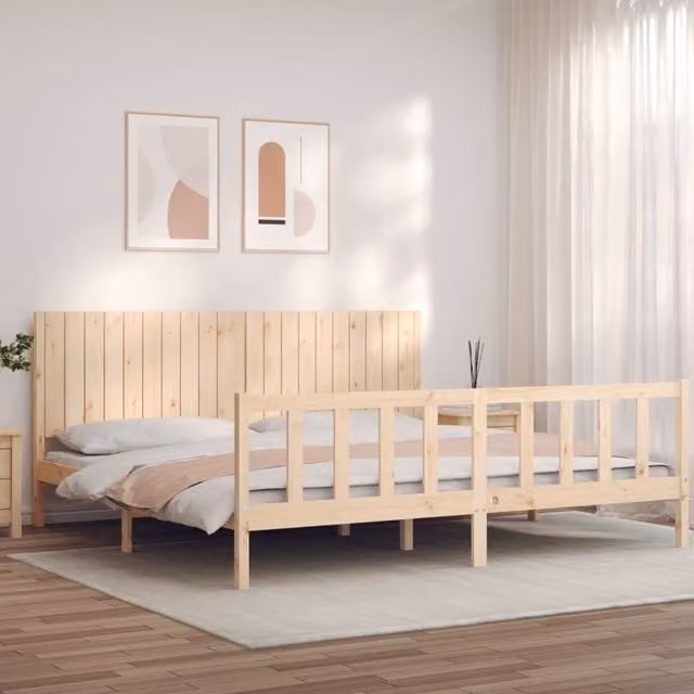 Berkfield Home Rustic Solid Pine Bed Frame with Headboard in Brown and Beige, W/D/H: 200 x 200 cm