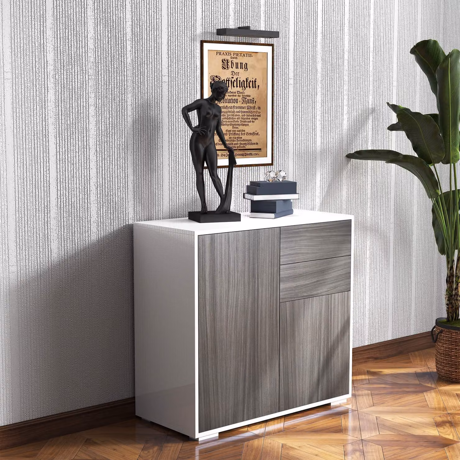 HOMCOM Modern Sideboard with 2 Drawers and 2 Doors in Light Grey and White – 2