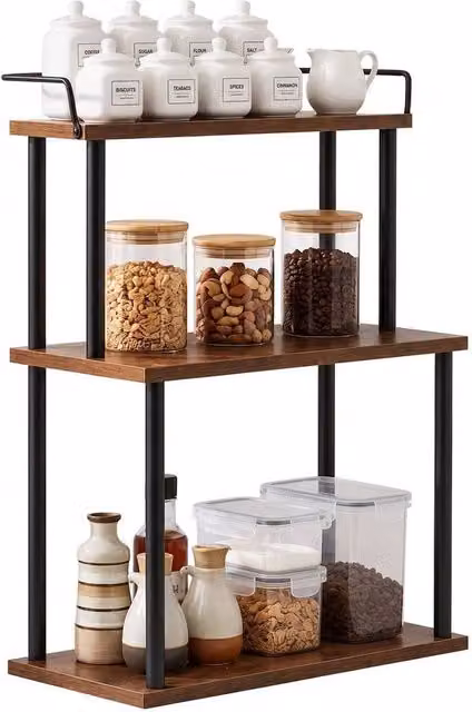 EONLION 3-Tier Freestanding Spice Rack, Rustic Brown Kitchen Countertop Shelf, W: 40 cm, D: 50 cm, H: 50.7 cm