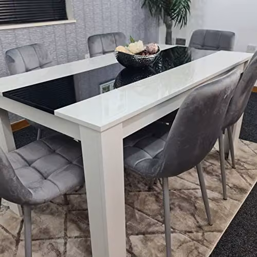 Kosy Koala Modern Dining Table Set with 6 Grey Velvet Chairs and Black Glass Top, W/D/H: 140 x 80 x 75 cm – 3