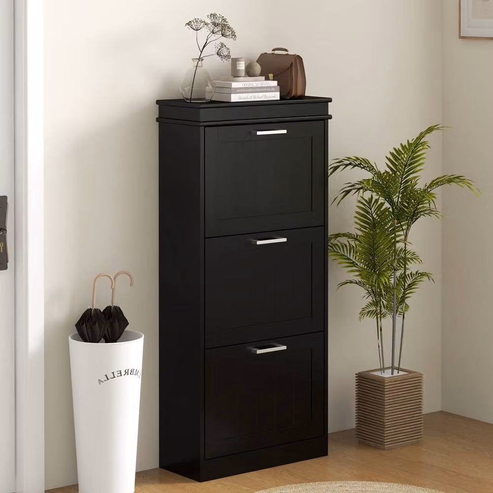 STILVORA Modern Black Matt Shoe Cabinet with 3 Tilting Doors and Internal Shelves, W/D/H: 117.5 x 54.0 x 3.0 cm – 2