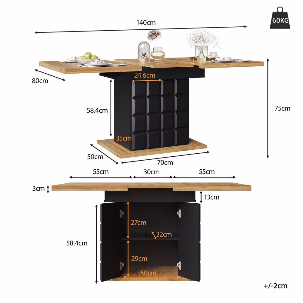 ModernLuxe Extendable Folding Dining Table in Black, W/D/H: 140 x 80 x 75 cm – 9