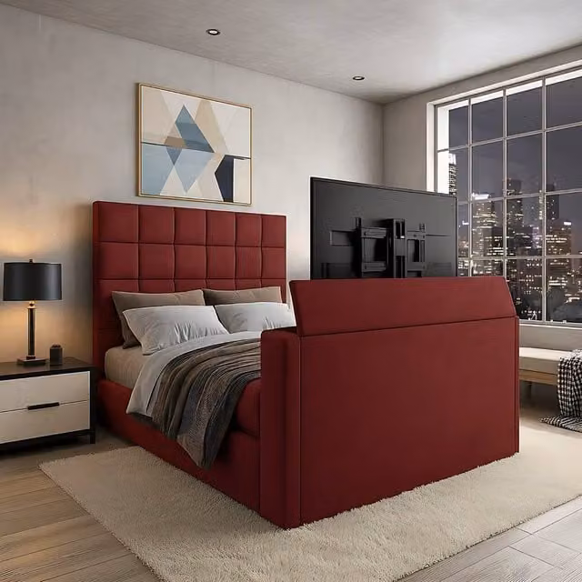 Paradise Beds Ltd Royal Upholstered Dream Sleep TV Bed with Ottoman Lift Storage in Red Velvet, W/D: 200 x 200 cm