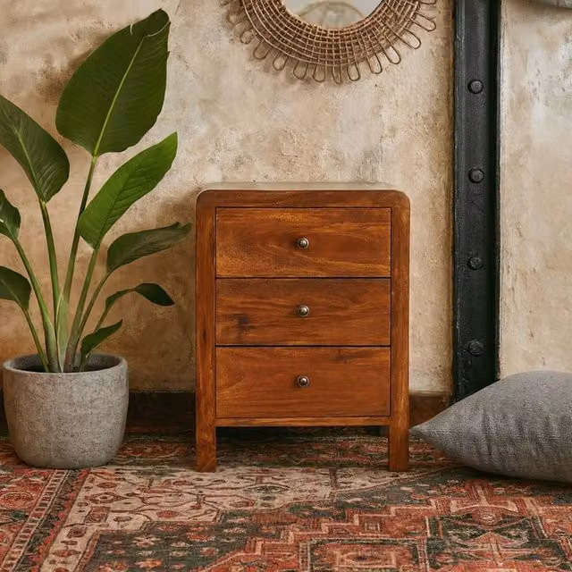 Wyld Haus Aspen 3 Drawer Bedside Table in Brown Solid Mango Wood, H: 60 cm, W: 35 cm, D: 45 cm – 1