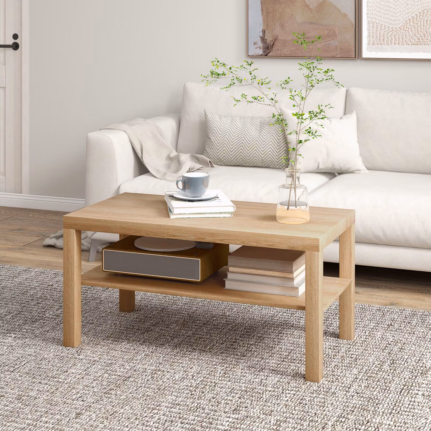 HOMCOM 2-Tier Rectangular Coffee Table with Storage Shelf in Brown Natural Wood Finish – 2