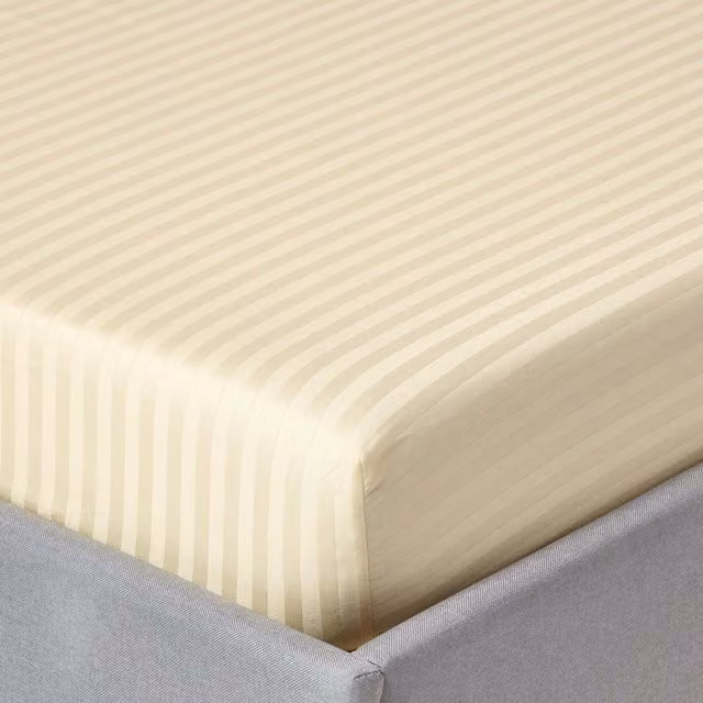Homescapes 330 Thread Count Egyptian Cotton Mako Satin Stripe Fitted Sheet, Pale Yellow, 200 x 200 cm