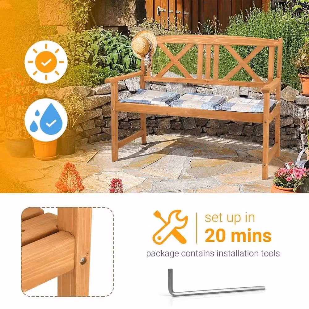 EONLION 2 Seater Outdoor Wooden Garden Bench in Brown with Armrests and Cushions – 2