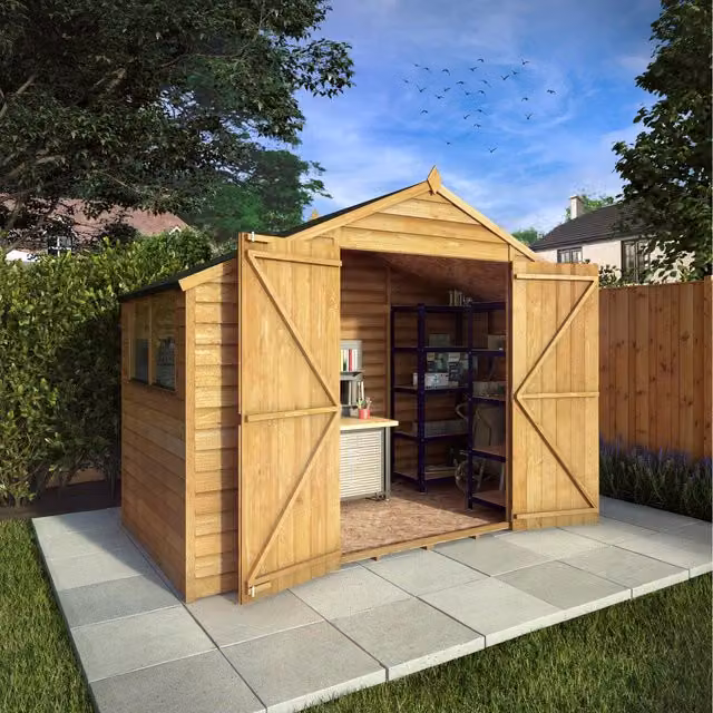 Waltons Wooden Overlap Apex Roof Garden Storage Workshop Shed with Double Doors and Window, Brown, W: 304.8 cm, D: 152.4 cm