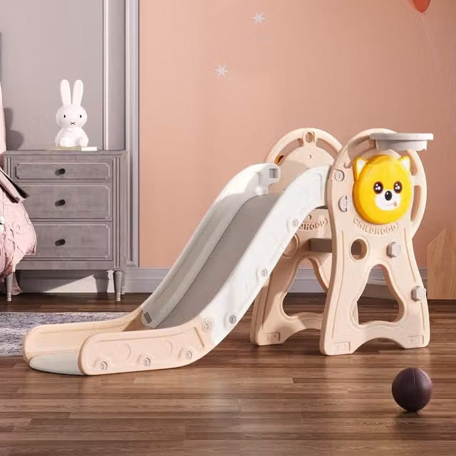 Livingandhome Modular Kid Climber Slide and Basketball Hoop Set in Brown and Beige