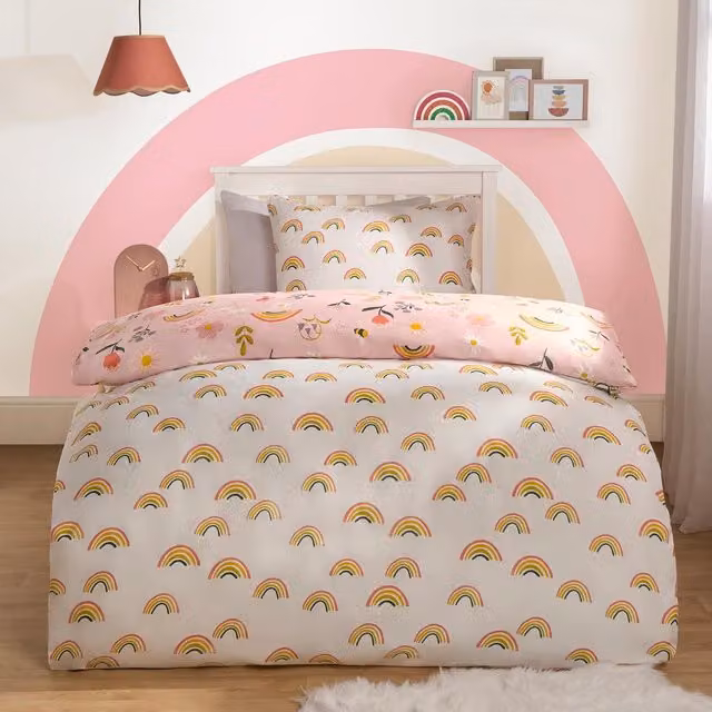 OHS Reversible Floral Modern Duvet Cover and Pillowcase Set in Pink, White and Multicolour, 90 x 200 cm